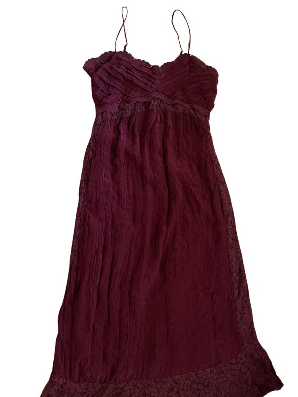 Farm Rio Wine Pleated Lace Trim Midi Dress - Twist Front Empire Waist